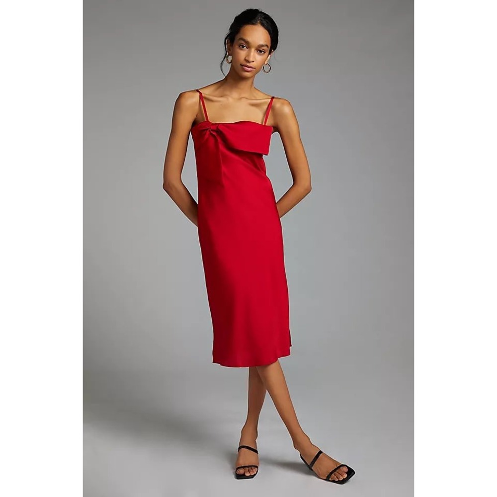 Anthropologie Hutch Bow Front Slip Midi Dress Red Satin 2X Plus Size‎